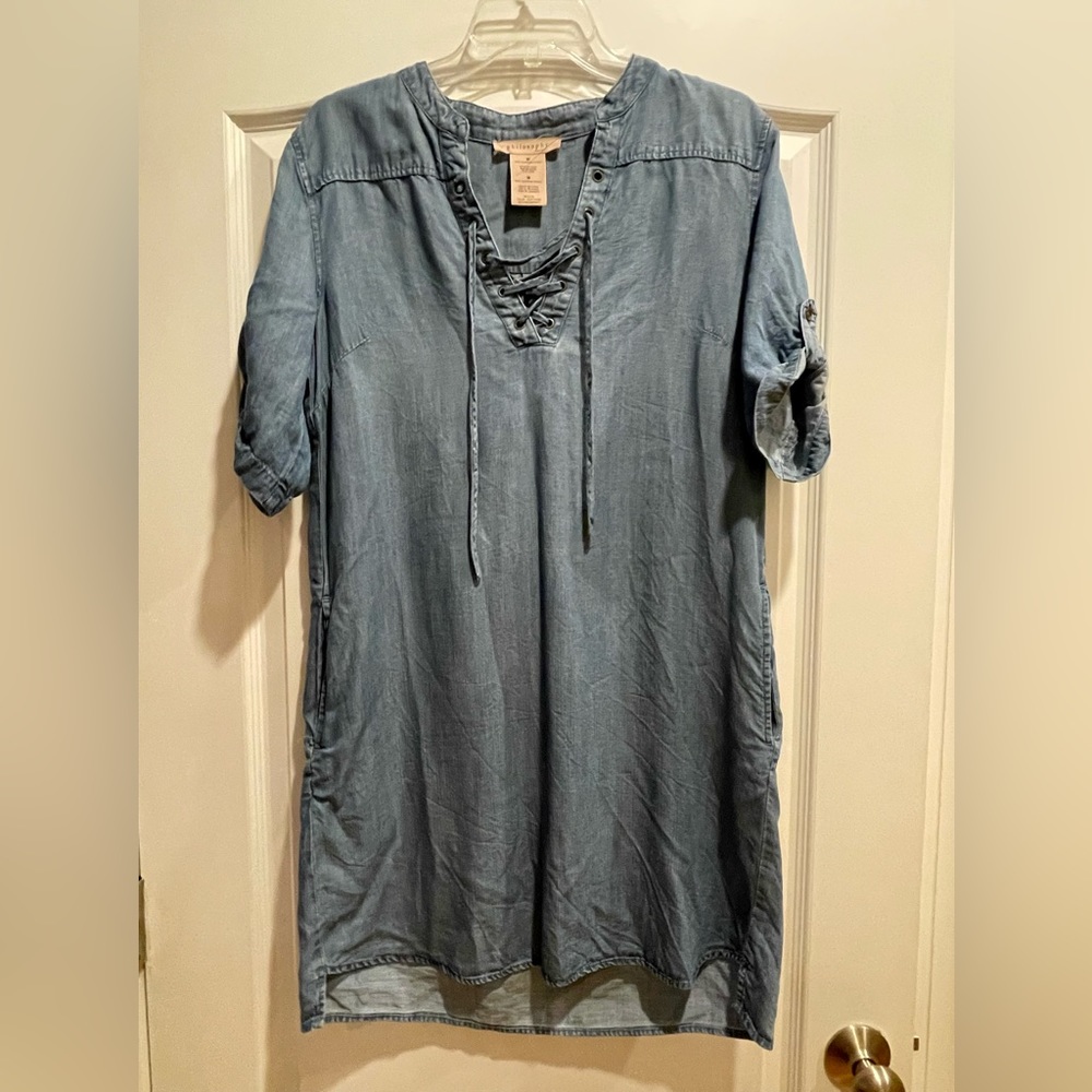 Philosophy Tencel Denim Chambray Lace Up Roll Tab Sleeve Dress Size Med
